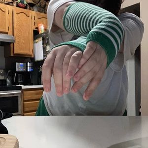 Green and White Striped Gloves